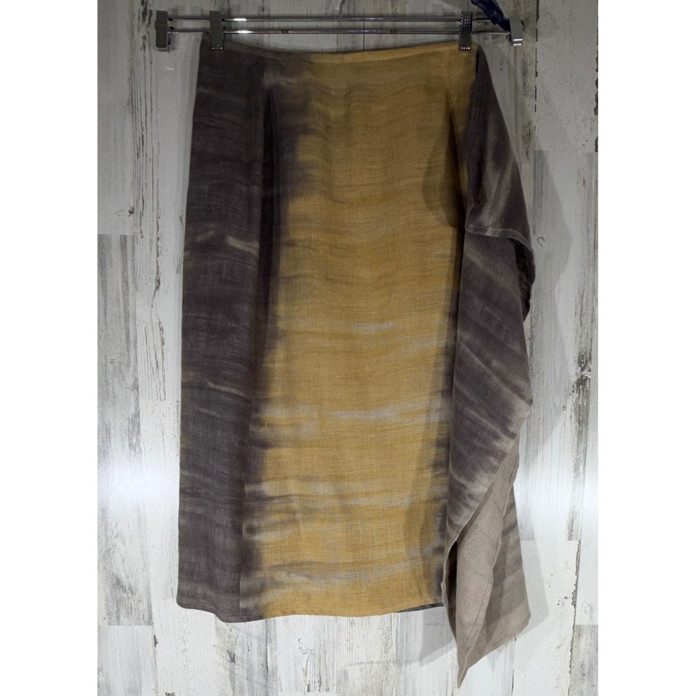 Peter Nygard Linen Midi Skirt 14 (32x34) Khaki Gray TieDye Side Drape Slit Lined
